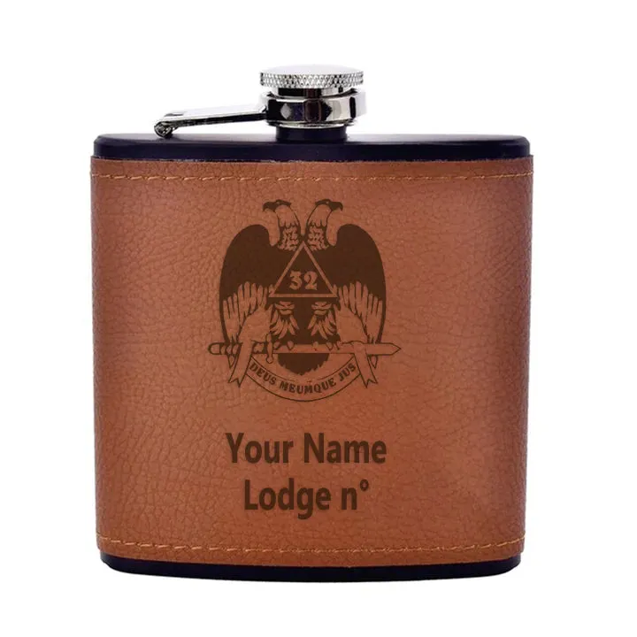 32nd Degree Scottish Rite Flask - Wings Down Leather & Stainless Steel