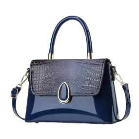 Andrea’s Deals Crocodile Pattern Handbag, Elegant Glossy Tote Bag, Blue