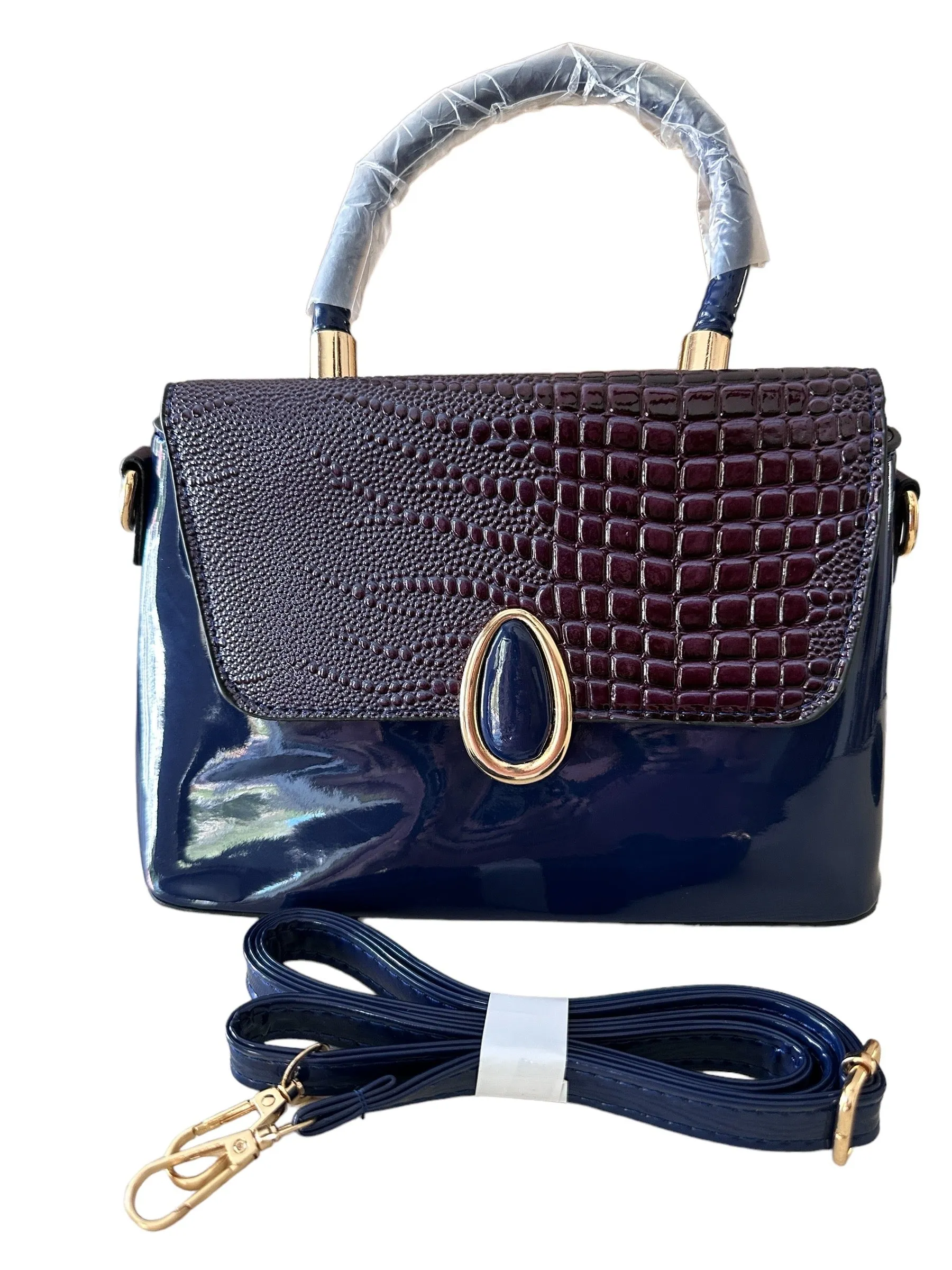 Andrea’s Deals Crocodile Pattern Handbag, Elegant Glossy Tote Bag, Blue