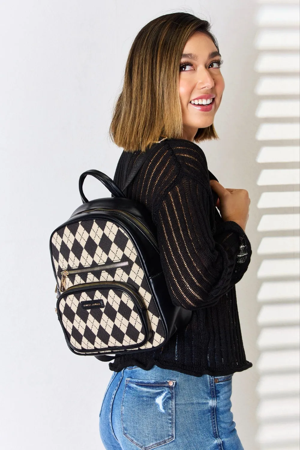 Argyle Pattern PU Leather Backpack