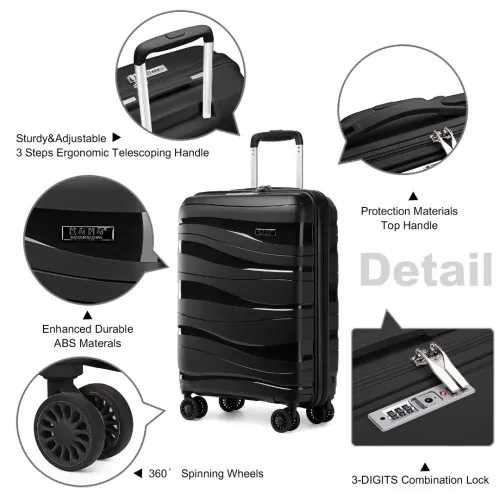 Kono 20 Inch Lightweight Polypropylene Hard Shell Suitcase with TSA Lock - Black | Stylish & Durable Travel Luggage