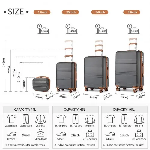 Kono 4-Piece ABS Sculpted Suitcase Set with Vanity Case - Durable, Stylish, Travel Ready - Grey and Brown