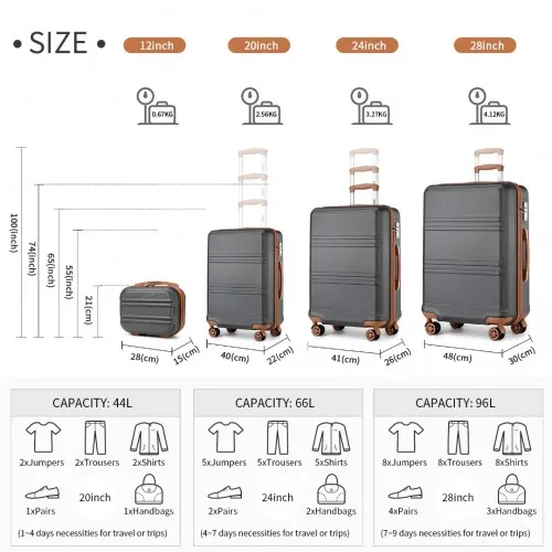 Kono 4-Piece ABS Sculpted Suitcase Set with Vanity Case - Durable, Stylish, Travel Ready - Grey and Brown