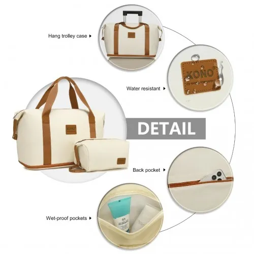 Kono 6 Piece ABS Suitcase Set with 360° Wheels, Vanity Case, Weekend Bag, and Toiletry Bag - Cream