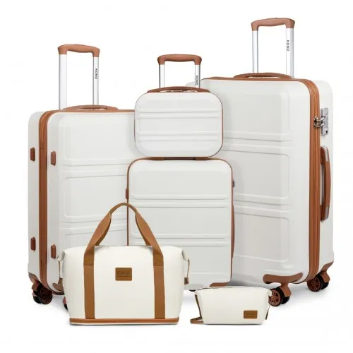 Kono 6 Piece ABS Suitcase Set with 360° Wheels, Vanity Case, Weekend Bag, and Toiletry Bag - Cream