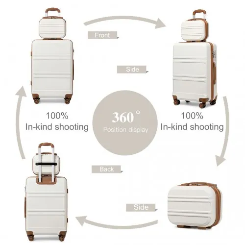 Kono 6 Piece ABS Suitcase Set with 360° Wheels, Vanity Case, Weekend Bag, and Toiletry Bag - Cream