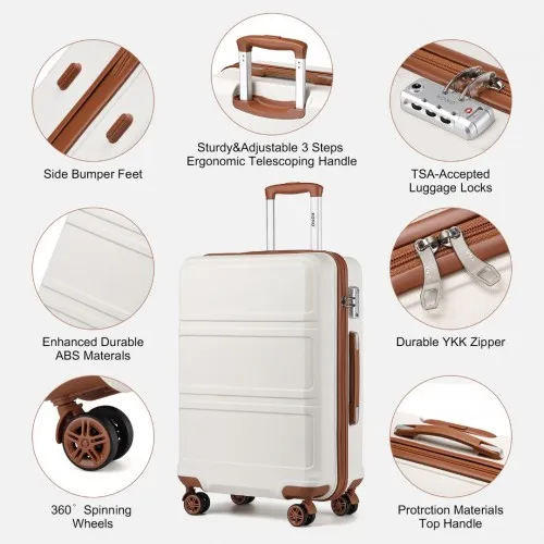 Kono 6 Piece ABS Suitcase Set with 360° Wheels, Vanity Case, Weekend Bag, and Toiletry Bag - Cream