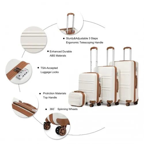 Kono ABS 4-Piece Suitcase Set with Vanity Case - Cream | Durable & Stylish Travel Luggage