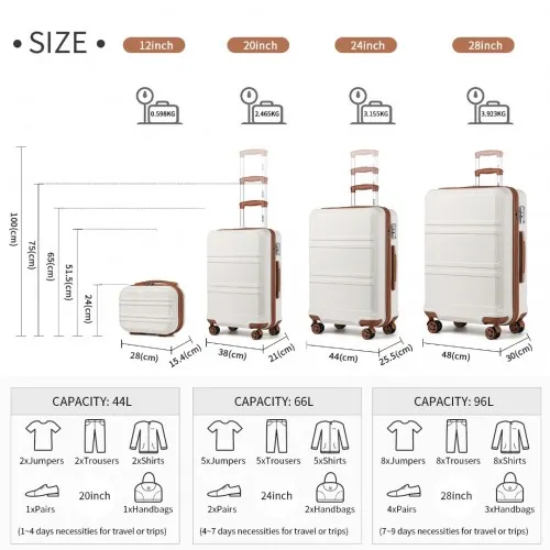 Kono ABS 4-Piece Suitcase Set with Vanity Case - Cream | Durable & Stylish Travel Luggage