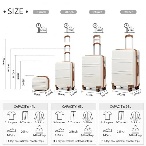 Kono ABS 4-Piece Suitcase Set with Vanity Case - Cream | Durable & Stylish Travel Luggage