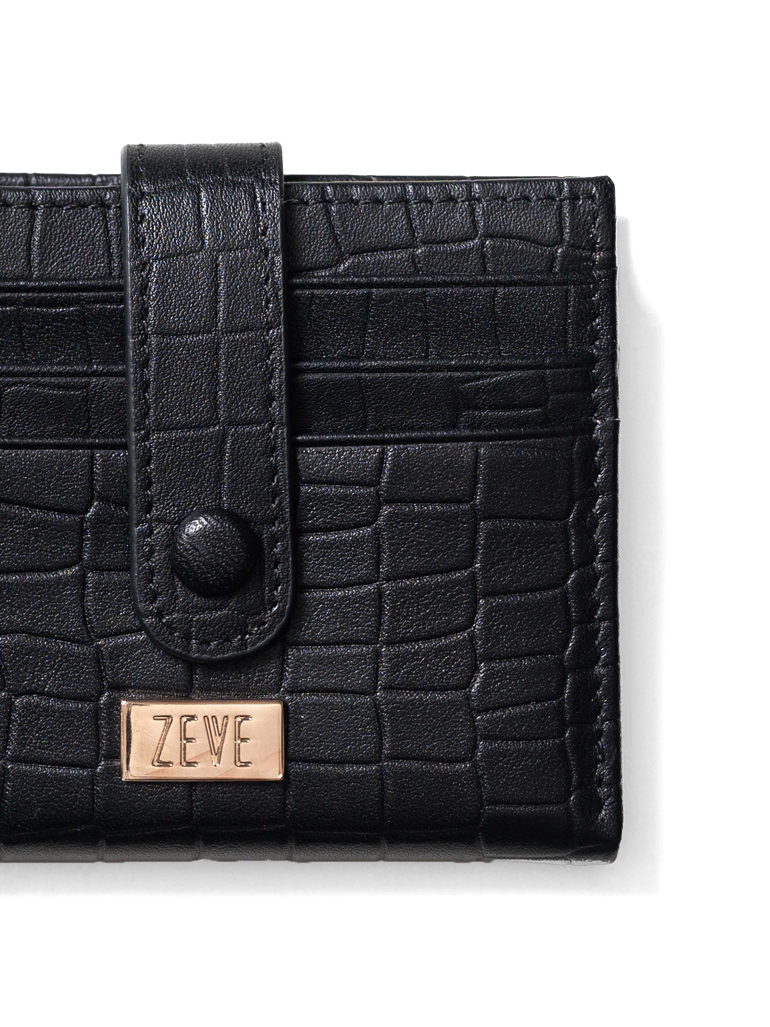 Zeve Snap-Closure Card Holder - Black Croco Leather